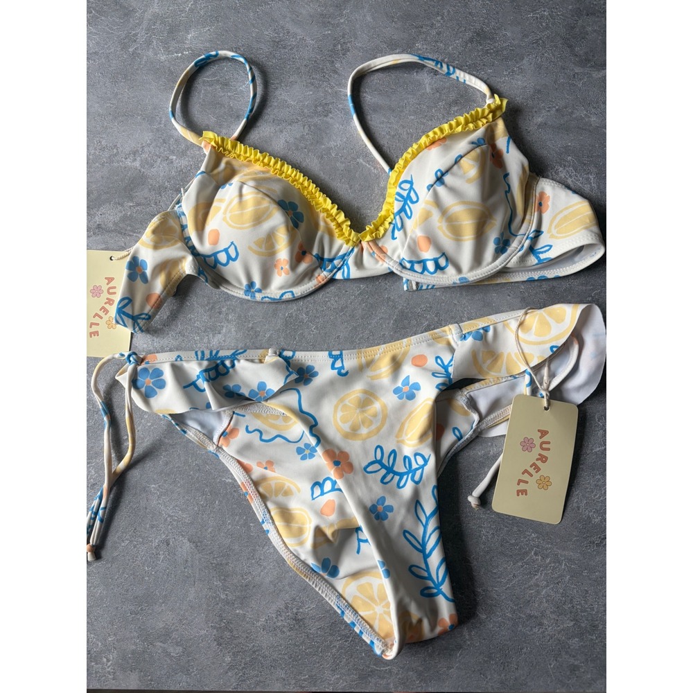 Aurelle Lemon Floral Ruffle Underwire Bikini Set Small Top Med Bottom